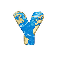 Fototapete - World earth globe alphabet letter Y uppercase. Global worldwide font with NASA map. 3D render isolated on white background.