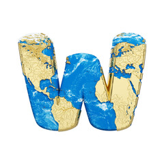 Fototapete - World earth globe alphabet letter W uppercase. Global worldwide font with NASA map. 3D render isolated on white background.