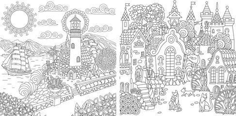 Wall Mural - Coloring pages with light house and fantasy town