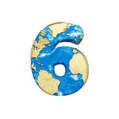 Fototapete - World earth globe alphabet number 6. Global worldwide font with NASA map. 3D render isolated on white background.
