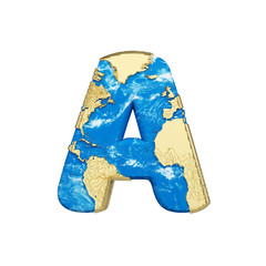 Fototapete - World earth globe alphabet letter A uppercase. Global worldwide font with NASA map. 3D render isolated on white background.