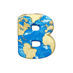 Fototapete - World earth globe alphabet letter B uppercase. Global worldwide font with NASA map. 3D render isolated on white background.