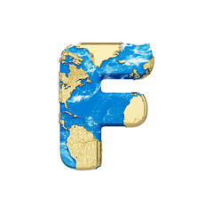 Fototapete - World earth globe alphabet letter F uppercase. Global worldwide font with NASA map. 3D render isolated on white background.