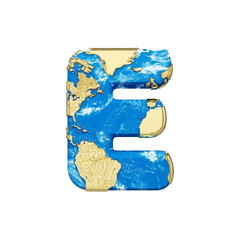 Fototapete - World earth globe alphabet letter E uppercase. Global worldwide font with NASA map. 3D render isolated on white background.