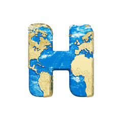 Fototapete - World earth globe alphabet letter H uppercase. Global worldwide font with NASA map. 3D render isolated on white background.