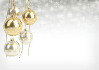 Wall Mural - golden and silver christmas balls hanging on bokeh background. 3D render