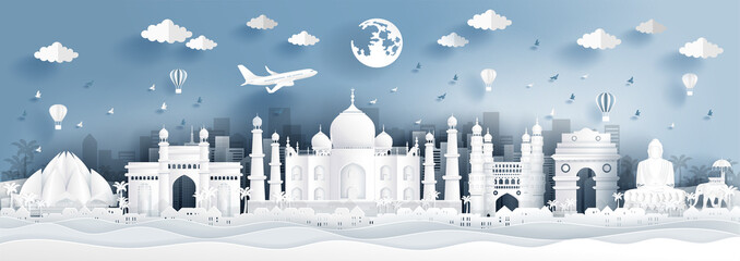 Wall Mural - Panorama postcard of world famous landmarks of India in paper cut style vector illustration.