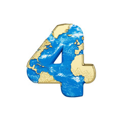 Fototapete - World earth globe alphabet number 4. Global worldwide font with NASA map. 3D render isolated on white background.