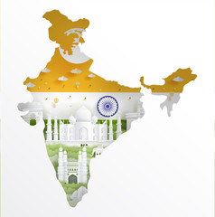 Fototapete - India map concept with India flag and famous landmarks in paper cut style vector illustration.