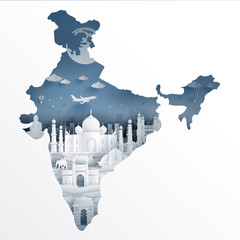 Fototapete - India map concept with India famous landmarks in paper cut style vector illustration.