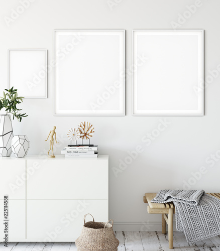 Obraz Dibond mock up posters in living room interior. Interior scandinavian style. 3d rendering, 3d illustration