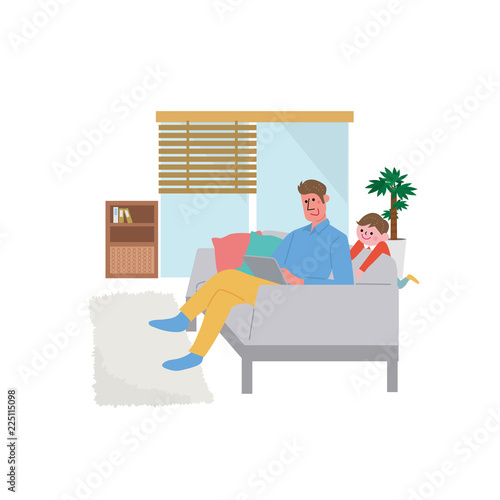 リビングでくつろぐ 父親 こども イラスト Wall Mural マツ