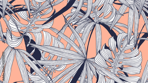 Floral seamless pattern, split-leaf Philodendron and palm leaves on orange ba...