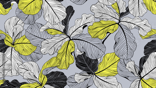 Floral seamless pattern, fiddle leaf fig on grey background, line art ink dra...