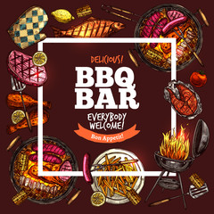 Bbq Grill Bar Color Sketch Hand Drawn Background With Square Frame On Brown