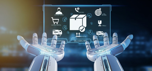 Poster - Cyborg hand holding a  Logistic delivery application screen 3d rendering