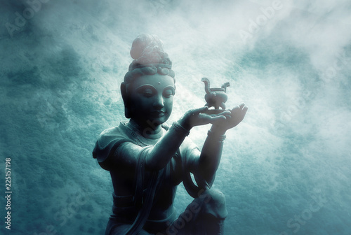 Fotomural Foggy Night over Buddhist Statue at Po Lin Monastery Lantau Island