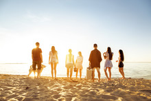 Big Group Of Friends Sunset Beach Picknic