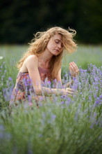 Farmer Lady In Floral Dress In Lavender Field