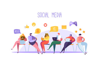 Poster - social media concept with characters chatting on gadgets. group of flat people using mobile devices.