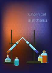 Wall Mural - Chemistry scientific background template with tripod and connected test tubes spirit burner and bottles with reagents