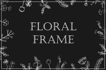 Wall Mural - Stylish floral frame, white on black. Card, template for the invitation.