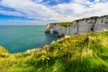 Beautiful View Of Cliffs Aval Of Etretat And Beautiful Famous Coastline ,Normandy, France, Europe