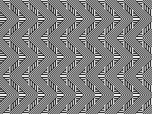Seamless Pattern With Striped Black White Straight Lines And Diagonal Inclined Lines. Optical Illusion Effect. Geometric Op Art Style. Vector Illusive Background For Cloth, Textile, Print, Web.