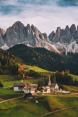 Wall Mural - santa maddalena (st magdalena) village with magical dolomites mountains in background, val di funes 