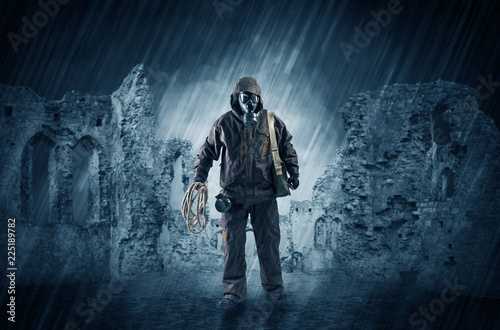 Cuadros en Lienzo Hazard, menace man in a ruined crumbly building with arms on his hand