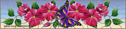 Dekoracja na wymiar  ilustracja-w-stylu-witrazu-z-abstrakcyjnymi-kreconymi-rozowymi-kwiatami-i-fioletowym-motylem-na