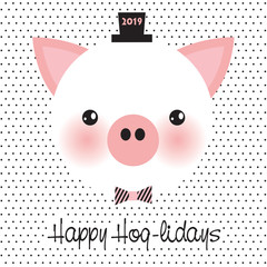 Wall Mural - Cute little pig with bow tie. Happy Hog-lidays 2019 greeting card. Chinese year of pig. Merry Christmas and Happy new year. 