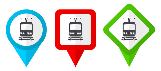 Poster - Train red, blue and green vector pointers icons. Set of colorful location markers isolated on white background easy to edit.