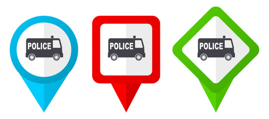 Poster - Police red, blue and green vector pointers icons. Set of colorful location markers isolated on white background easy to edit.