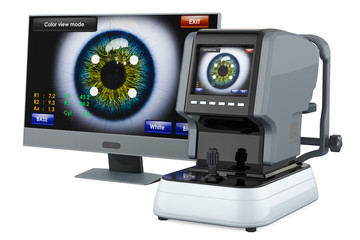 Poster - auto refractometer with computer monitor, 3d rendering