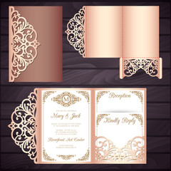 Laser cut wedding trifold envelope template vector. Wedding invitation or greeting card with abstract ornament. Suitable for greeting cards, invitations, menus.