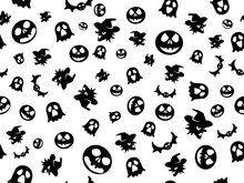 Texture Halloween Black White. Ghost, Pumpkin, Witch, Bat. Pattern Repeated Seamless