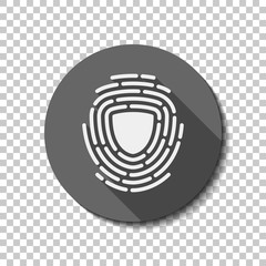 Poster - Shield in fingerprint. Logo of protect private id. Security icon. flat icon, long shadow, circle, transparent grid. Badge or sticker style