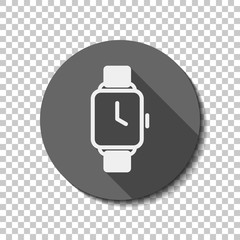 Poster - Hand smart watch with square display. Technology icon. flat icon, long shadow, circle, transparent grid. Badge or sticker style