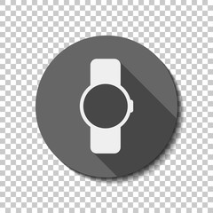 Poster - Hand smart watch with round display. Technology icon. flat icon, long shadow, circle, transparent grid. Badge or sticker style