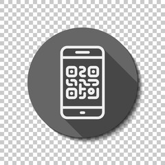 Poster - QR code. Scanning with cell phone. Technology outline icon. flat icon, long shadow, circle, transparent grid. Badge or sticker style