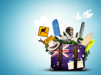 australia, retro suitcase with hat and attractions australia