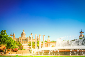 Sticker - Square of Spain - National museum of Barcelona and magic fountain, Spain, toned