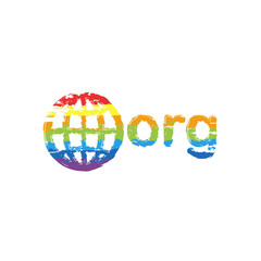 Poster - one of first domains for non-profit organization, globe and org. Drawing sign with LGBT style, seven colors of rainbow (red, orange, yellow, green, blue, indigo, violet