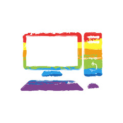 Poster - Personal computer, pc. System unit, monitor, keyboard and mouse. Drawing sign with LGBT style, seven colors of rainbow (red, orange, yellow, green, blue, indigo, violet