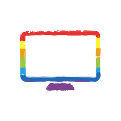 Poster - Computer monitor or modern TV. Simple icon. Drawing sign with LGBT style, seven colors of rainbow (red, orange, yellow, green, blue, indigo, violet