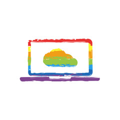 Poster - Cloud technology, software. Laptop and cloud. Drawing sign with LGBT style, seven colors of rainbow (red, orange, yellow, green, blue, indigo, violet