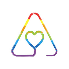 Aufkleber - Heart in warning triangle. Linear icon with thin outline. One line style. Drawing sign with LGBT style, seven colors of rainbow (red, orange, yellow, green, blue, indigo, violet