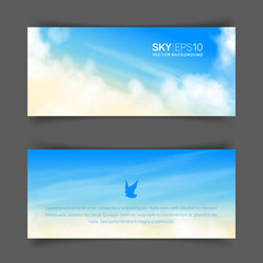 Wall Mural - narrow horizontal vector banners with realistic beige-blue sky and cumulus clouds. the image can be 