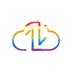 Poster - Data cloud icon. Backup, restore. Upload, download. Up and Down arrows. Linear, thin outline. Drawing sign with LGBT style, seven colors of rainbow (red, orange, yellow, green, blue, indigo, violet